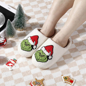 クリスマス帽子ぬいぐるみスリッパ女性の冬暖かい面白いかわいいホーム緑髪モンスタースリッパ新年ノンスリップ綿の靴