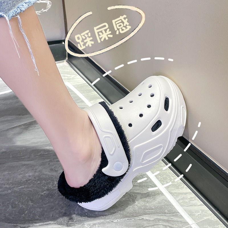 2024 秋と冬の下駄綿ブーツハイヒールプラスベルベット洞窟靴肥厚暖かいウールホーム綿の靴の女性