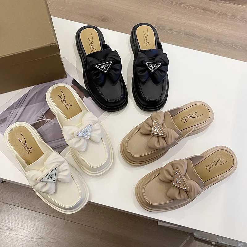 新しいブラックホワイトファッション弓ボタンローファー女性分厚い靴スリップオン春夏女性