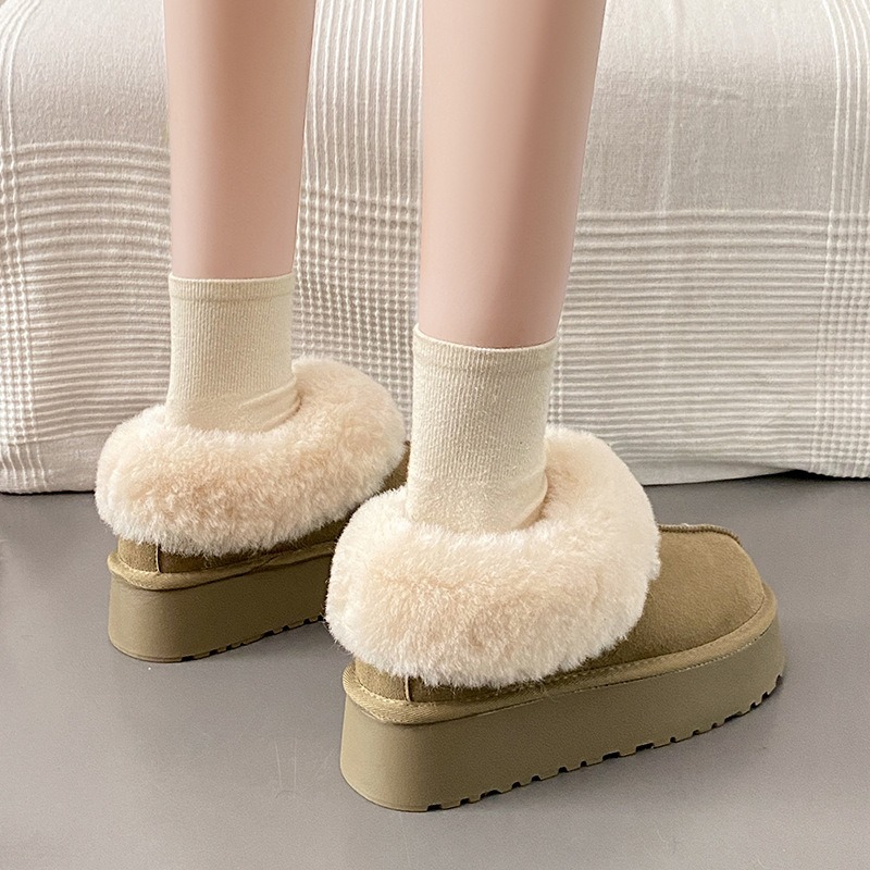女性厚底暖かい綿の靴、女性ノンスリップぬいぐるみスノーブーツ、フェイクファーウィンターブーツ、スライドフラット、ホームコットンスリッパ