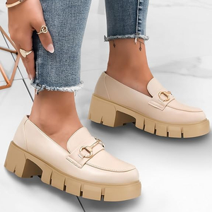 レディースチャンキープラットフォームラグソールローファーミッドヒールスクエアトゥドレスドレスウォーキングワークシューズ付きバックルチェーン