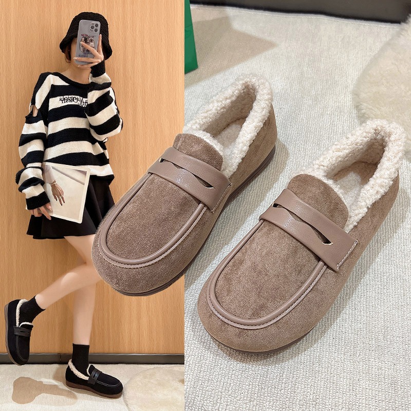 冬の女性の靴ショートぬいぐるみ屋外縫製スリッポンカジュアルレディースノンスリップボトムモカシン女性の快適なフラットローファー